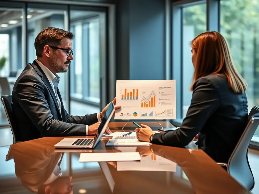 A focused business coach in a modern office setting, guiding a client through a strategic planning session, with charts and graphs visible in the background, symbolizing data-driven decision-making.