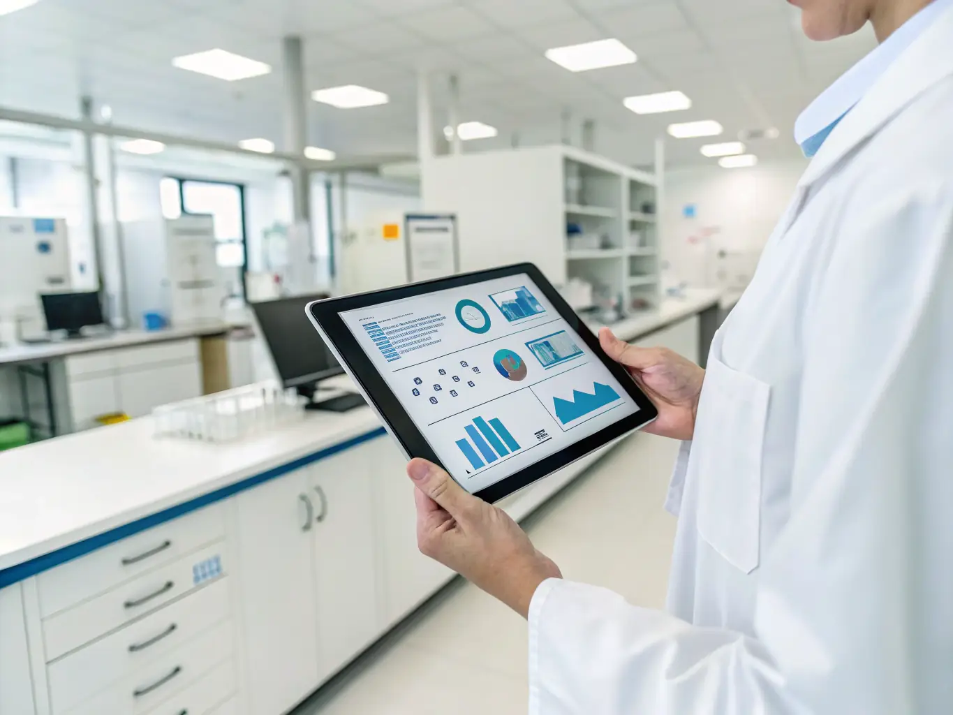A researcher in a lab coat smiles confidently while reviewing data on a tablet, symbolizing the empowerment and clarity gained through research commercialization coaching.