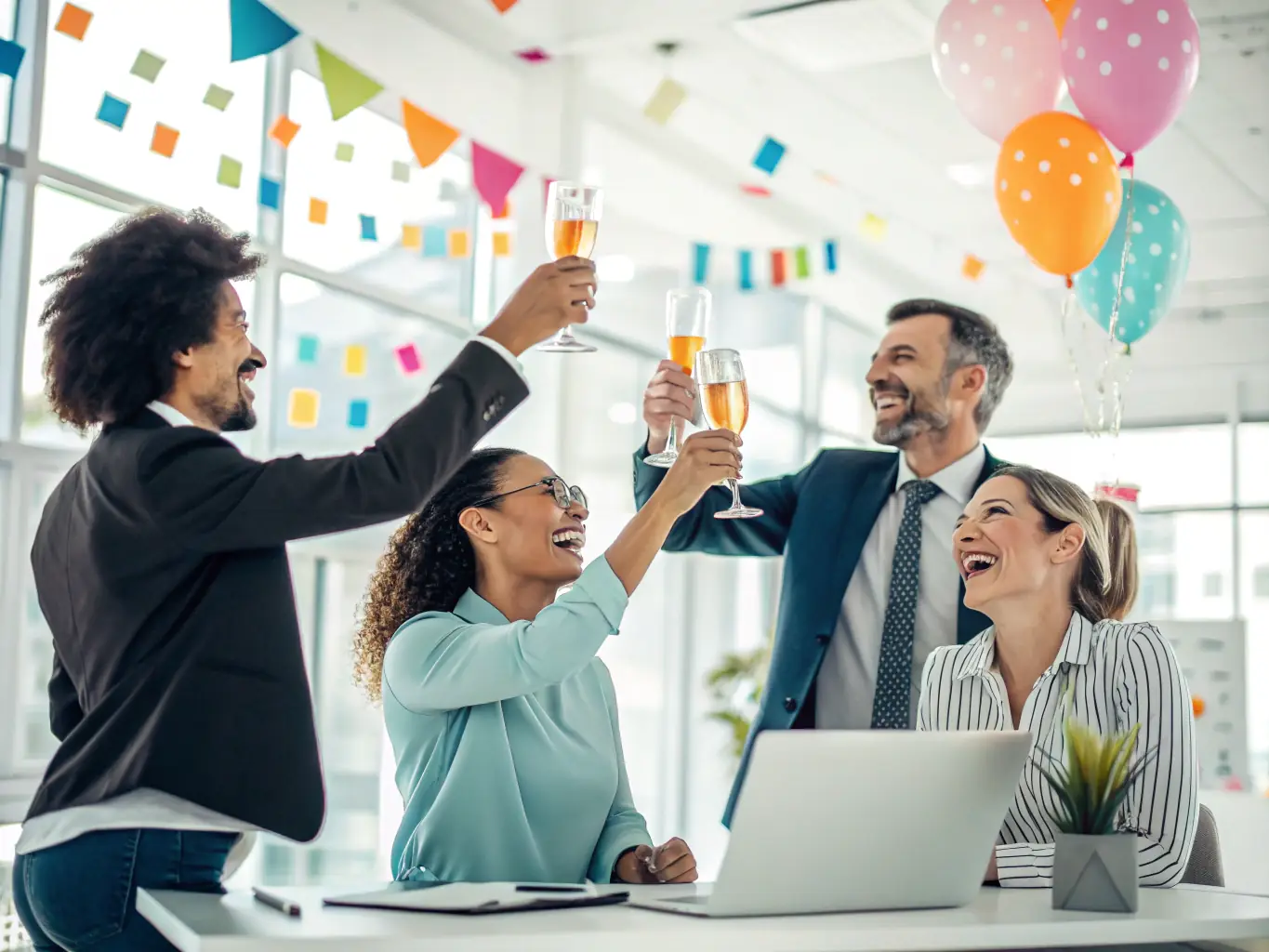 A client of scholary.fun is celebrating a successful funding round with their mentor in a celebratory setting. They are toasting with champagne glasses, and the atmosphere is joyful and optimistic.