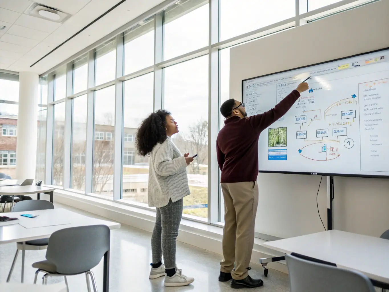 A mentor and a client collaborating on a digital whiteboard, brainstorming ideas and mapping out a commercialization strategy for a research project, set against a backdrop of a university campus.