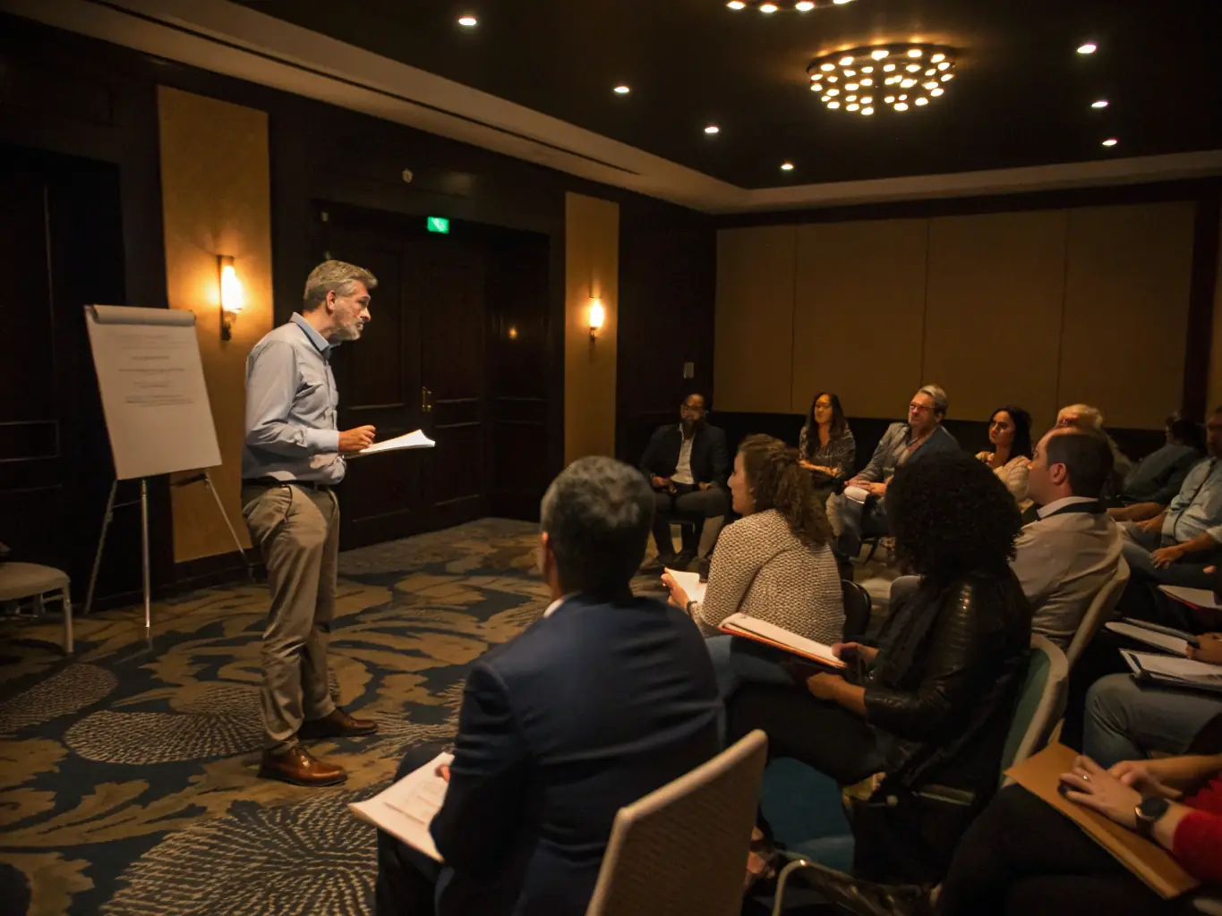 A coach facilitating a workshop on entrepreneurial skills for a group of academics, with laptops and notebooks scattered around, emphasizing hands-on learning and practical application.