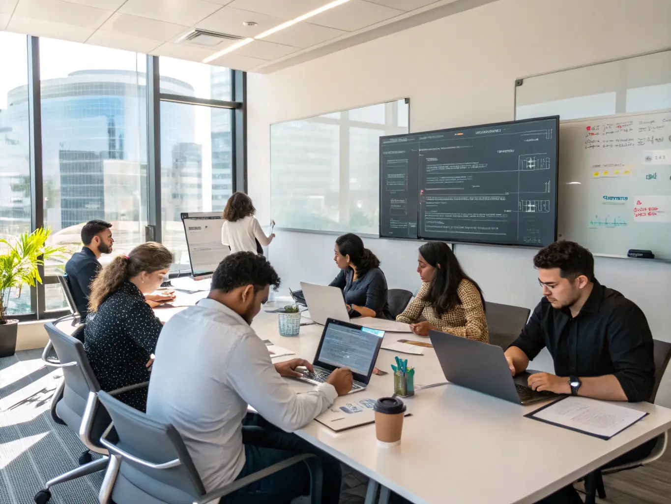 A diverse team of academics is brainstorming ideas in a modern office setting, representing the collaborative and innovative environment fostered by the coaching.