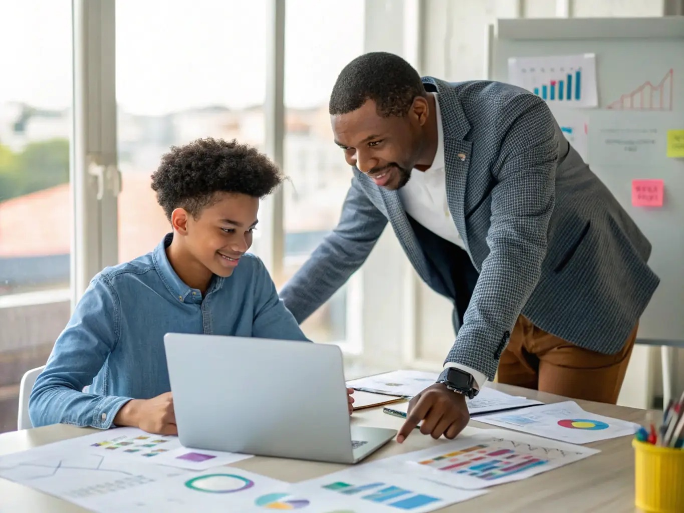 A mentor is shown guiding a young entrepreneur through a business plan on a digital whiteboard, illustrating the collaborative and supportive nature of the coaching process.